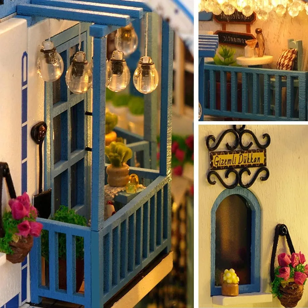 DIY Book Nook Kit 3D Wooden Book Stand Puzzle DIY Dollhouse Wood Bookends Building Model Puzzle Toy with LED Light for Teens and Adults Building Creative Gifts (Sea Breeze)