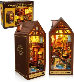 DIY Book Nook Kit, DIY Dollhouse Booknook Bookshelf Insert Decor Alley,3D Wooden Puzzle Bookends Model Build-Creativity Kit with LED Light Book Nook Tales for Adults(Town)