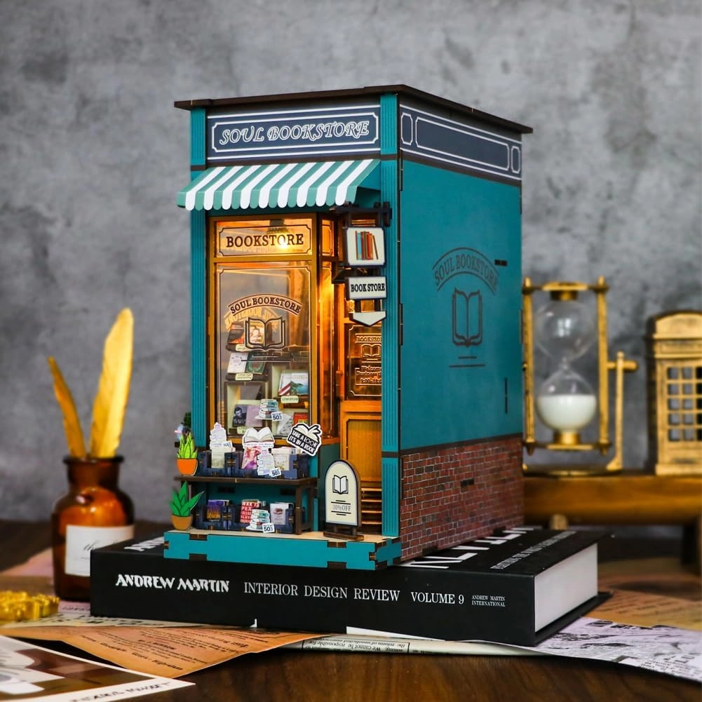 DIY Book Nook Kit 3D Wooden Book Stand Puzzle DIY Dollhouse Wood Bookends Building Model Puzzle Toy with LED Light for Teens and Adults Building Creative Gifts
