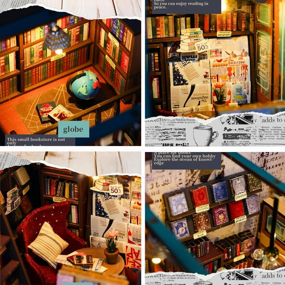 DIY Book Nook Kit 3D Wooden Book Stand Puzzle DIY Dollhouse Wood Bookends Building Model Puzzle Toy with LED Light for Teens and Adults Building Creative Gifts