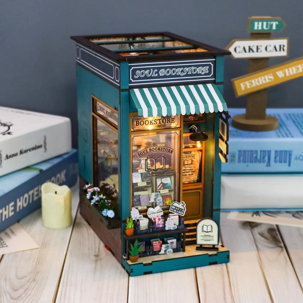 DIY Book Nook Kit 3D Wooden Book Stand Puzzle DIY Dollhouse Wood Bookends Building Model Puzzle Toy with LED Light for Teens and Adults Building Creative Gifts
