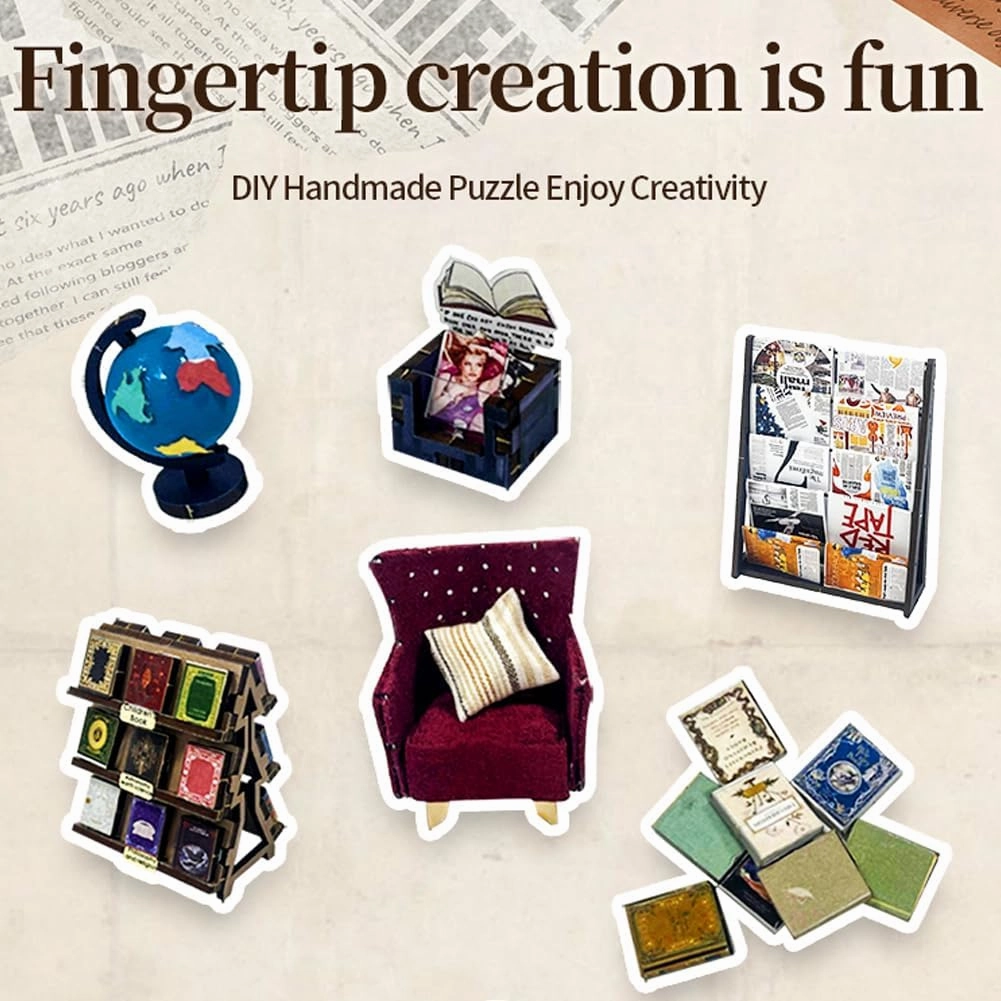 DIY Book Nook Kit 3D Wooden Book Stand Puzzle DIY Dollhouse Wood Bookends Building Model Puzzle Toy with LED Light for Teens and Adults Building Creative Gifts