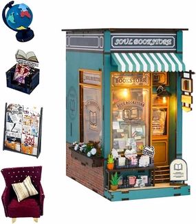 DIY Book Nook Kit 3D Wooden Book Stand Puzzle DIY Dollhouse Wood Bookends Building Model Puzzle Toy with LED Light for Teens and Adults Building Creative Gifts