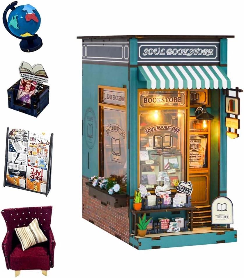 DIY Book Nook Kit 3D Wooden Book Stand Puzzle DIY Dollhouse Wood Bookends Building Model Puzzle Toy with LED Light for Teens and Adults Building Creative Gifts