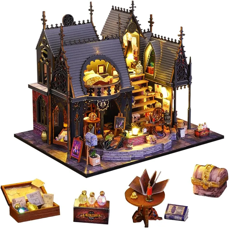 Dollhouse Kit Handmade Wooden Dolls House Magic Dollhuse Miniature Dollhouse with LED Lights Dustproof and Music Movement Creative Children Friend Gift