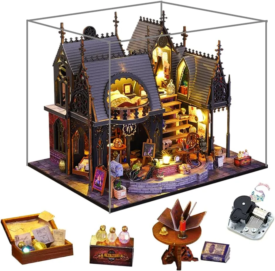Dollhouse Kit Handmade Wooden Dolls House Magic Dollhuse Miniature Dollhouse with LED Lights Dustproof and Music Movement Creative Children Friend Gift