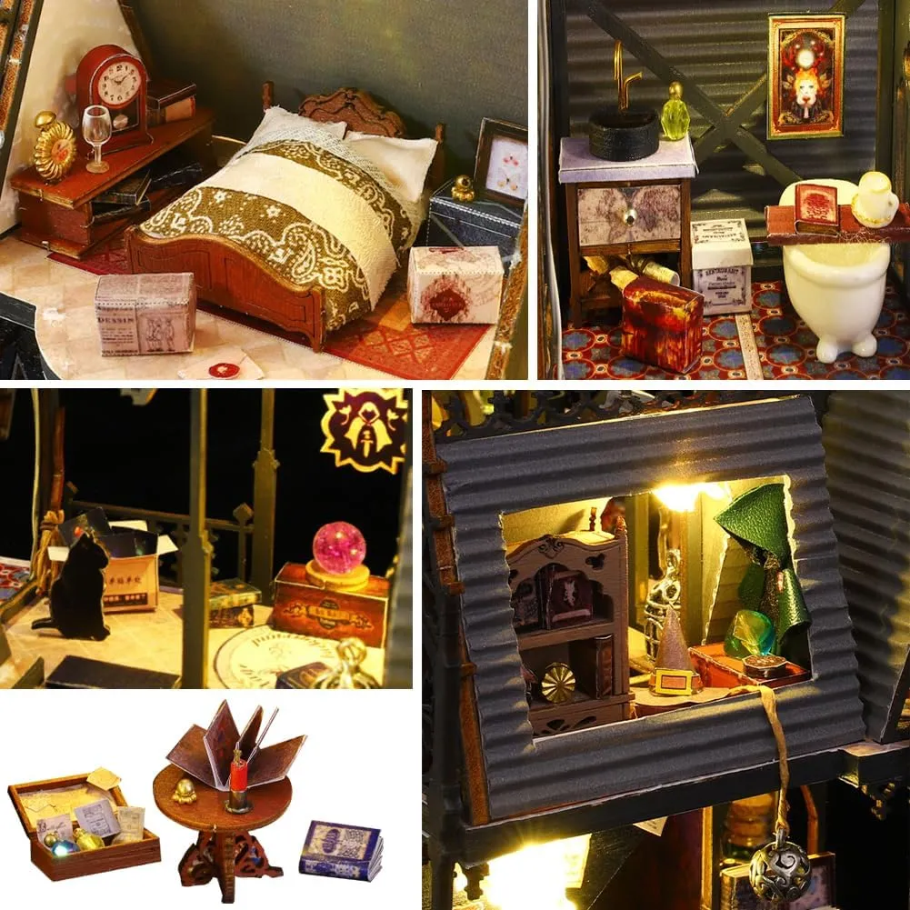 Dollhouse Kit Handmade Wooden Dolls House Magic Dollhuse Miniature Dollhouse with LED Lights Dustproof and Music Movement Creative Children Friend Gift