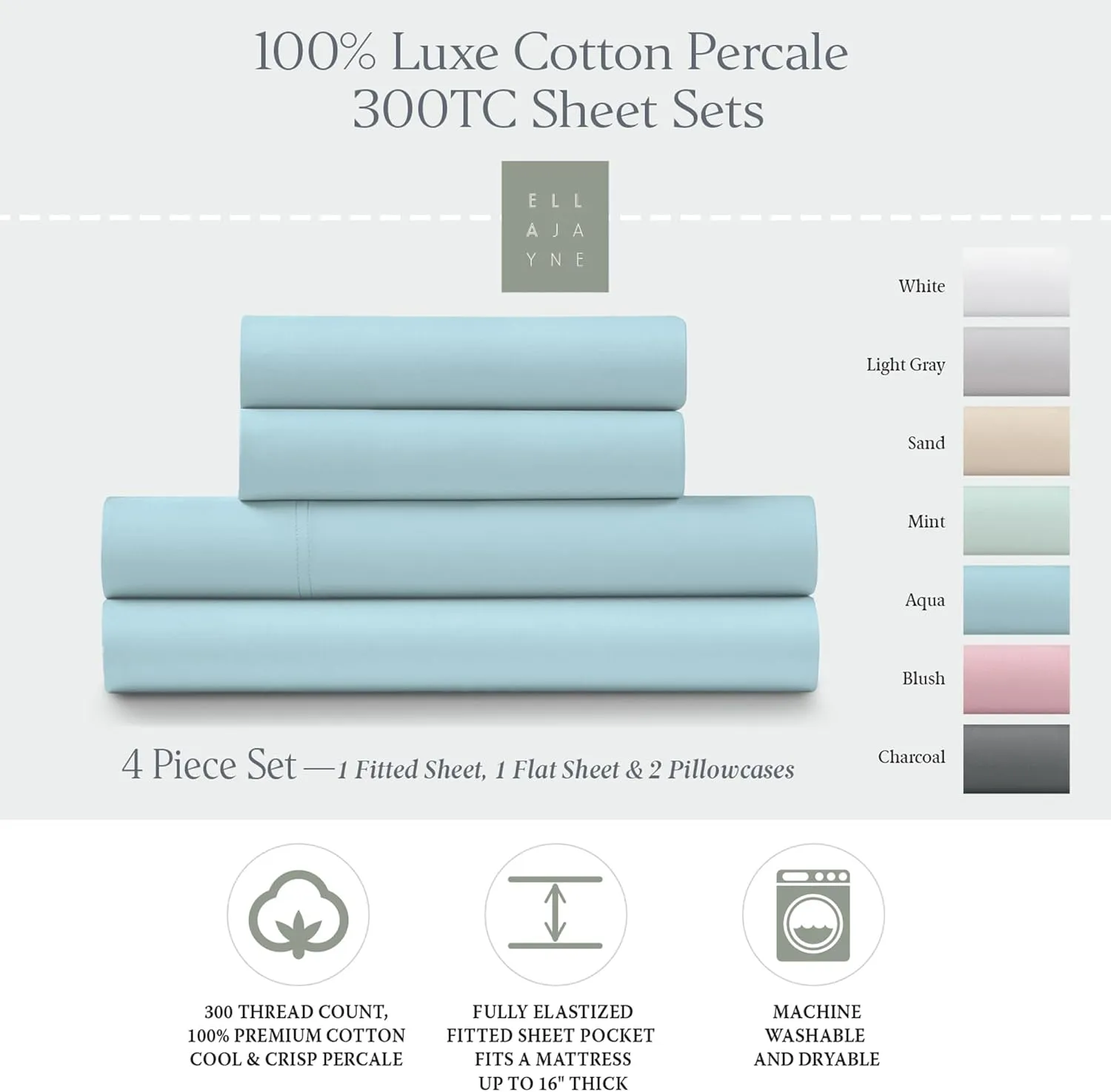 Ella Jayne Cotton Percale Sheets California King (4 Pieces) Permium 100% Cotton Percale TC300, Hotel Luxury Collection, Deep Pockets and Cooling California King Percale Sheets (Aqua)