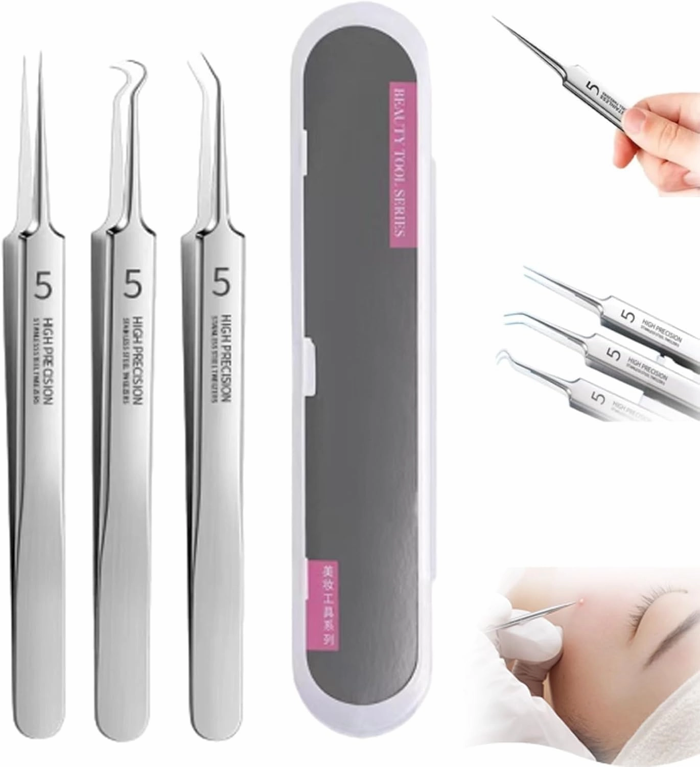 Fecong Stainless Steel Blackhead Removal Kit, Fecong Precision Tweezers, Fecong Blackhead Tweezers, Fecong, Fecong Stainless Steel Blackhead Removal Kit 3 Tweezers-B
