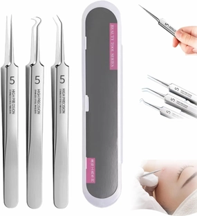 Fecong Stainless Steel Blackhead Removal Kit, Fecong Precision Tweezers, Fecong Blackhead Tweezers, Fecong, Fecong Stainless Steel Blackhead Removal Kit 3 Tweezers-B