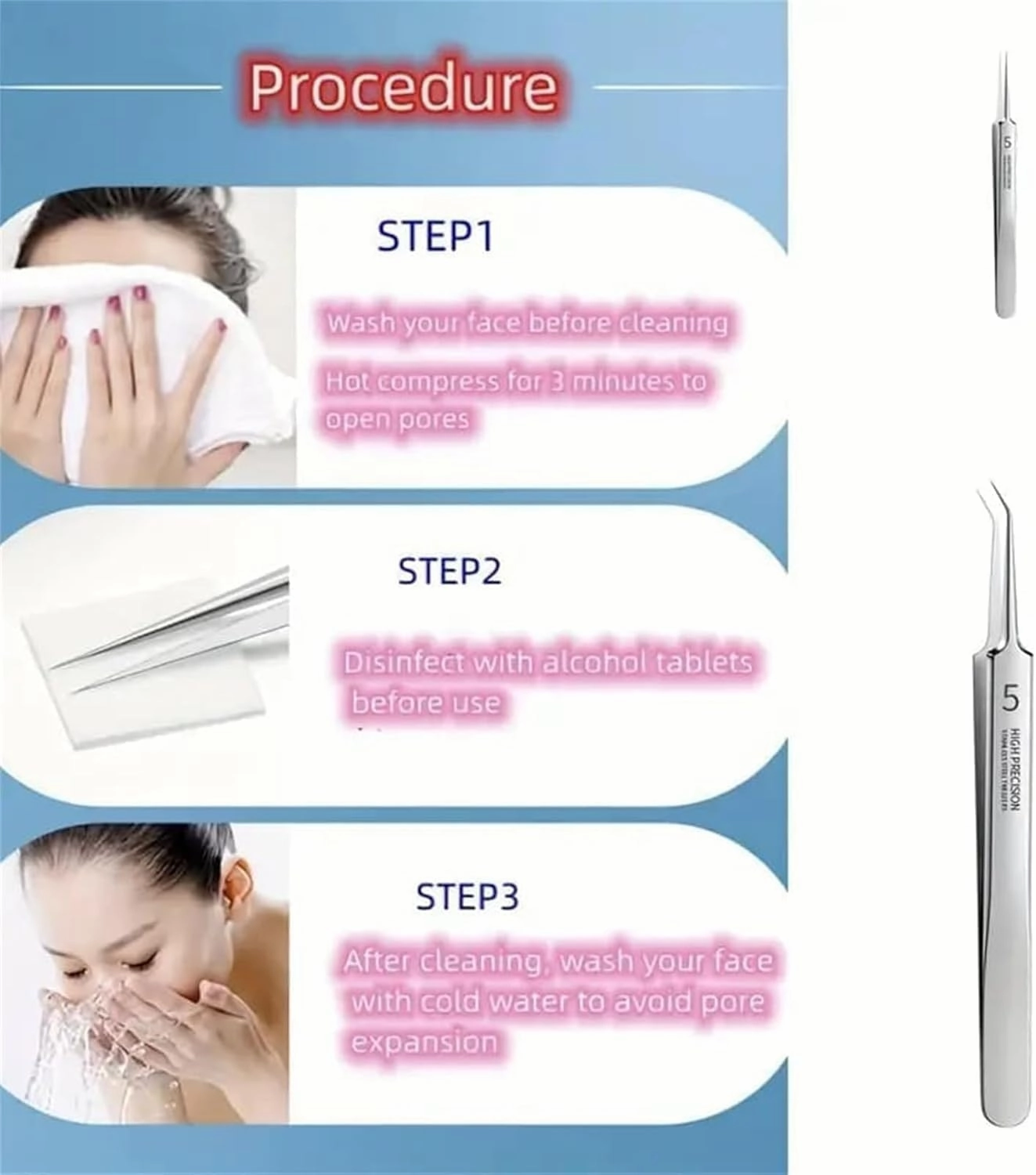 Fecong Tweezers, Fecong Stainless Steel Blackhead Removal Kit, Professional Facial Blackhead Remover Tweezers, Long Handle Precision Craft Tweezers Set, Portable Storage Case, Easy to Clean (7pcs)