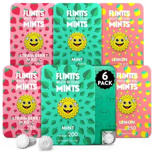 Flintts Mints 2x After Party Pack - Mint (2), Strawberry Magic (2), Lemon(2) - Sugar Free & Vegan, Mouth Watering Mints for Oral Health - Breath Freshener Mint Pocket Size - Dry Mouth Products