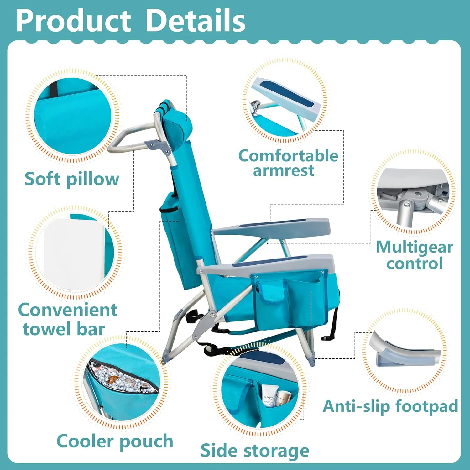 Folding Beach Chair with 350LBS Capacity, Portable Backpack Chair with 5 Position Reclining, Compact Lay Flat Foldable Chair for Pool, Patio, Outdoor Travel and Camping(Mint Green-Normal)