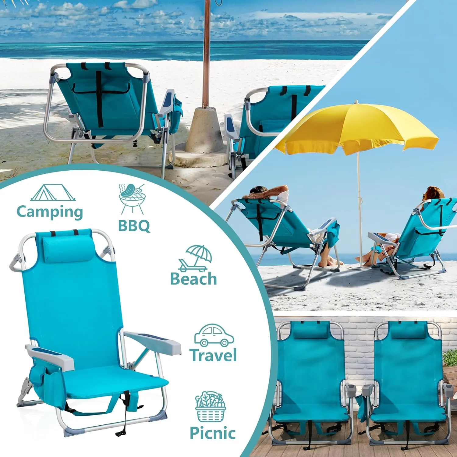 Folding Beach Chair with 350LBS Capacity, Portable Backpack Chair with 5 Position Reclining, Compact Lay Flat Foldable Chair for Pool, Patio, Outdoor Travel and Camping(Mint Green-Normal)