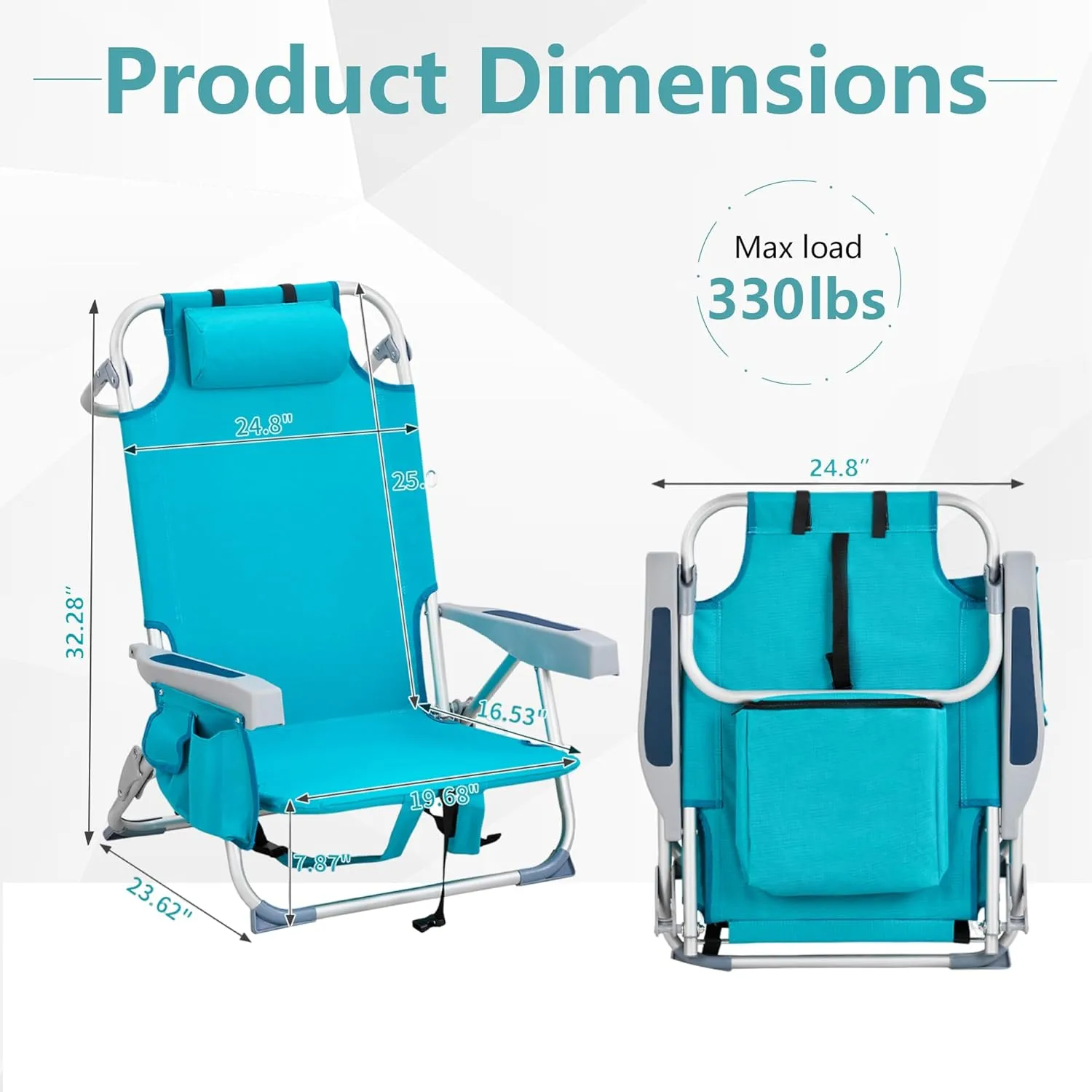 Folding Beach Chair with 350LBS Capacity, Portable Backpack Chair with 5 Position Reclining, Compact Lay Flat Foldable Chair for Pool, Patio, Outdoor Travel and Camping(Mint Green-Normal)