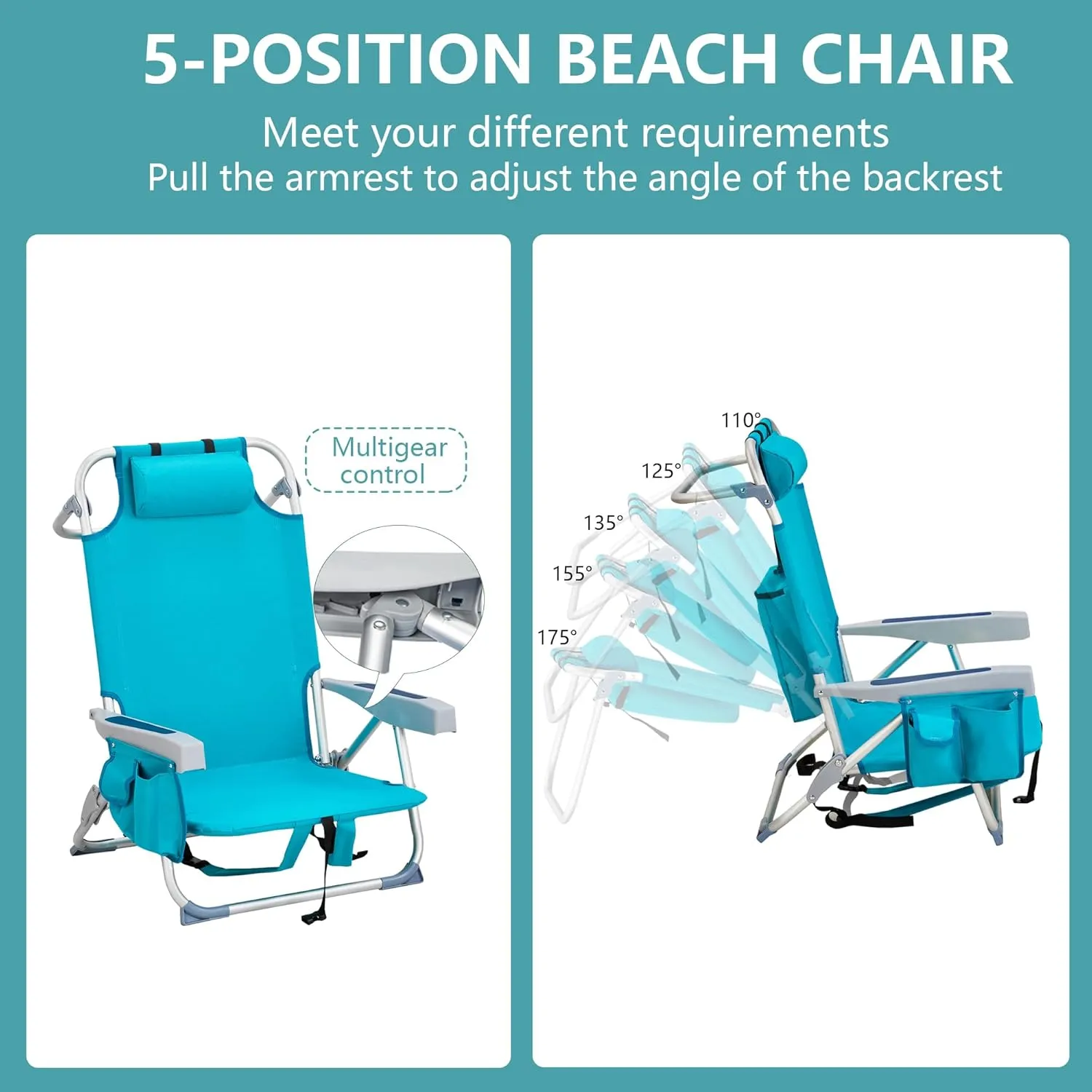 Folding Beach Chair with 350LBS Capacity, Portable Backpack Chair with 5 Position Reclining, Compact Lay Flat Foldable Chair for Pool, Patio, Outdoor Travel and Camping(Mint Green-Normal)