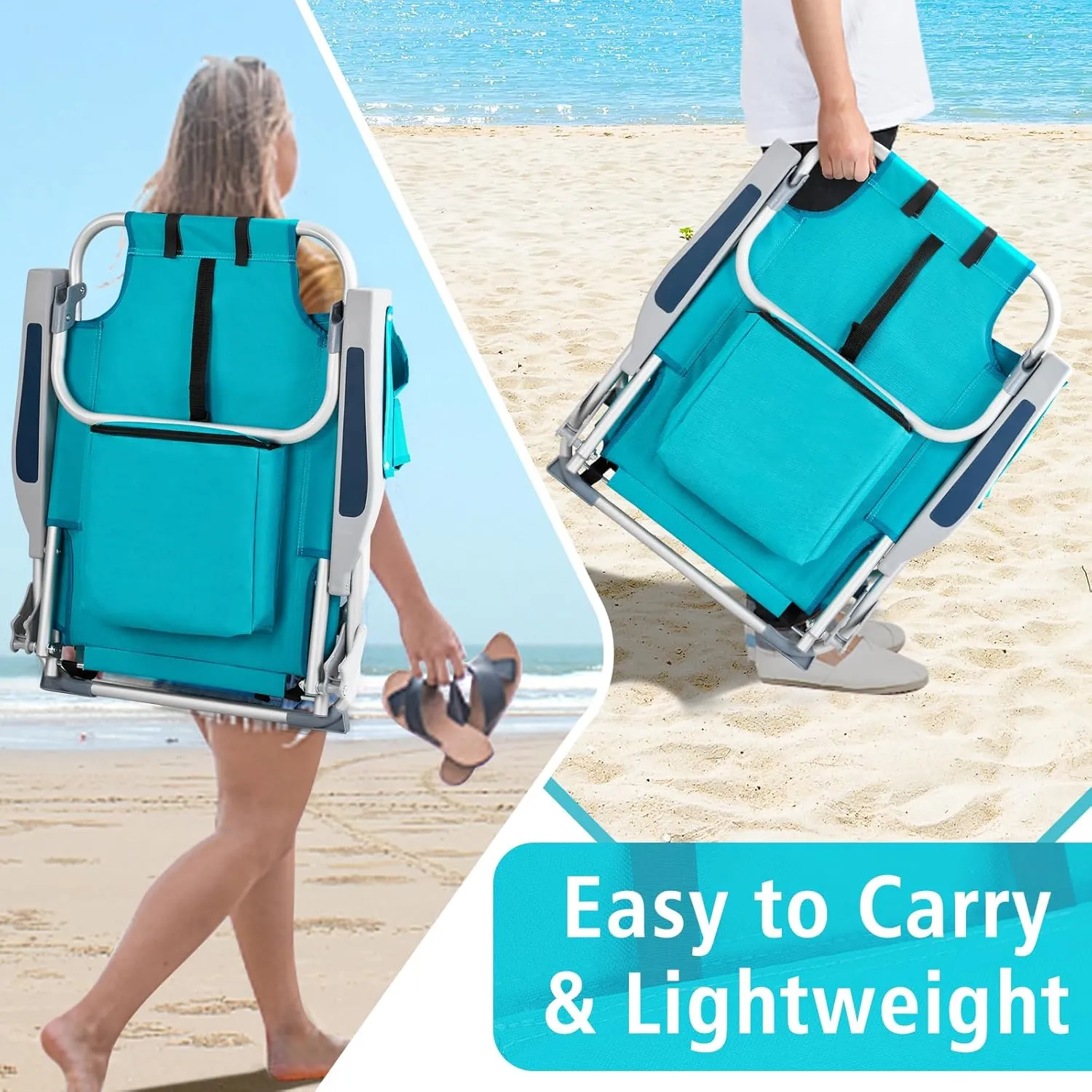 Folding Beach Chair with 350LBS Capacity, Portable Backpack Chair with 5 Position Reclining, Compact Lay Flat Foldable Chair for Pool, Patio, Outdoor Travel and Camping(Mint Green-Normal)