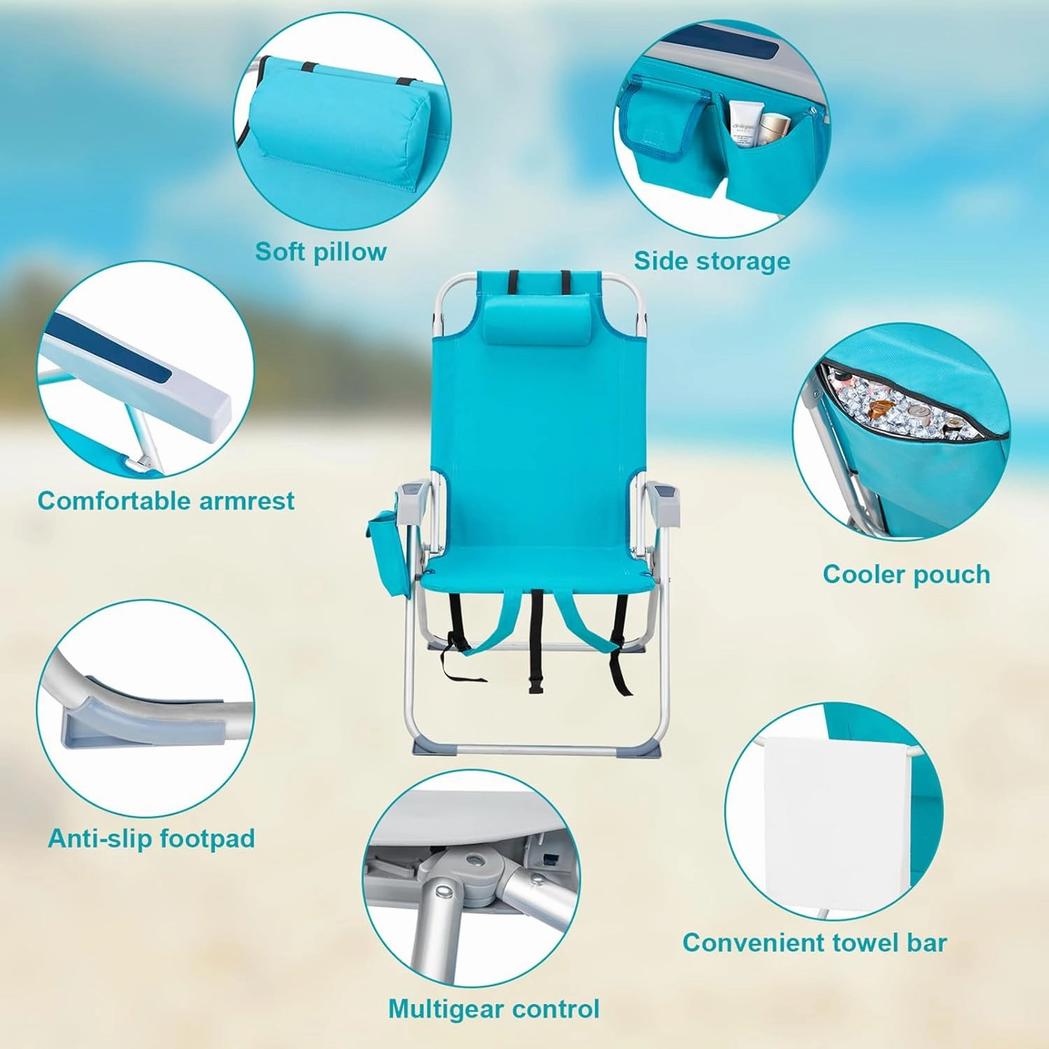 Folding Beach Chair for Adults,5 Positions Reclining Camping Chair Aluminum Portable Lawn Chair w/Headrest and Cooler Pockets,Camp Chair for Fishing,Picnics,Sports,Tailgates,220lbs Support,Mint Green