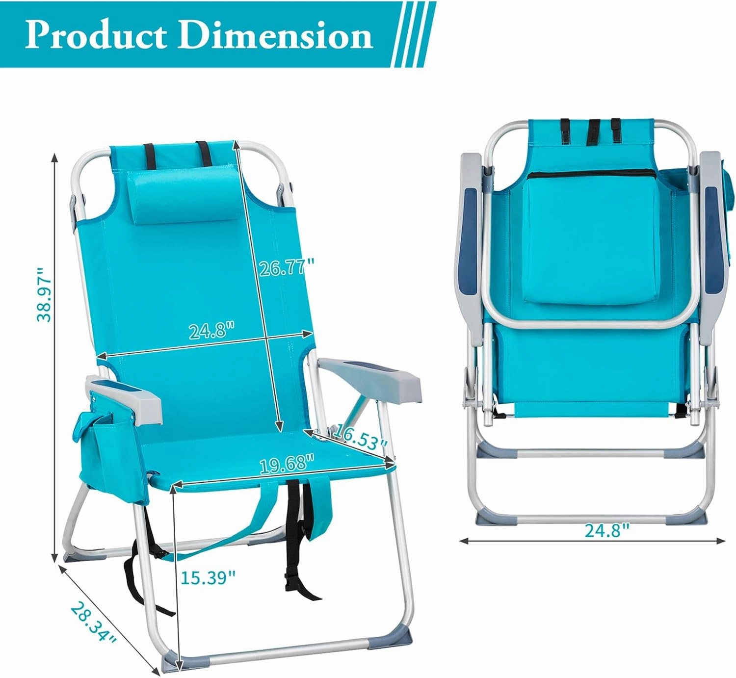 Folding Beach Chair for Adults,5 Positions Reclining Camping Chair Aluminum Portable Lawn Chair w/Headrest and Cooler Pockets,Camp Chair for Fishing,Picnics,Sports,Tailgates,220lbs Support,Mint Green