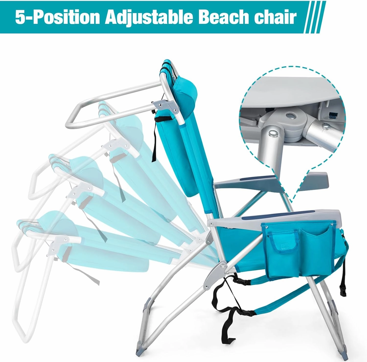 Folding Beach Chair for Adults,5 Positions Reclining Camping Chair Aluminum Portable Lawn Chair w/Headrest and Cooler Pockets,Camp Chair for Fishing,Picnics,Sports,Tailgates,220lbs Support,Mint Green