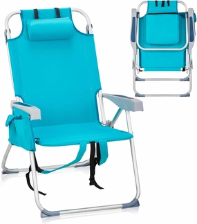 Folding Beach Chair for Adults,5 Positions Reclining Camping Chair Aluminum Portable Lawn Chair w/Headrest and Cooler Pockets,Camp Chair for Fishing,Picnics,Sports,Tailgates,220lbs Support,Mint Green