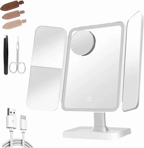 Glisera Smart Mirror, 3 Color LED Makeup Mirror with Lights and Magnification, 270 ° Rotation Trifold Vanity Mirror, Folding Portable High Definition Cosmetic Lighted Up, Gifts for Women (White)
