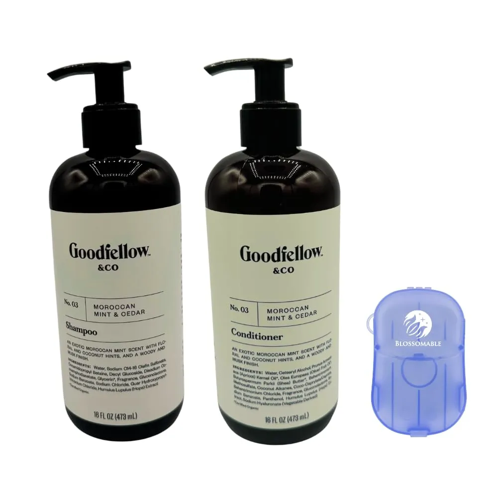 Goodfellow & Co Moroccan Mint & Cedar Shampoo & Conditioner Bundle 16 fl oz each - Moisturize and Cleanse with a Subtle, Masculine Scent Woody and Musk Nourishing Finish with Blossomable Soap Sheets