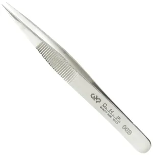 Hakko CHP 00B-SA Fine-Tip Tweezers, Straight, Fine-Point Tips, Non-Magnetic Stainless Steel, Corrosion-Resistant, Serrated Grip, 4-1/2" Length, Silver