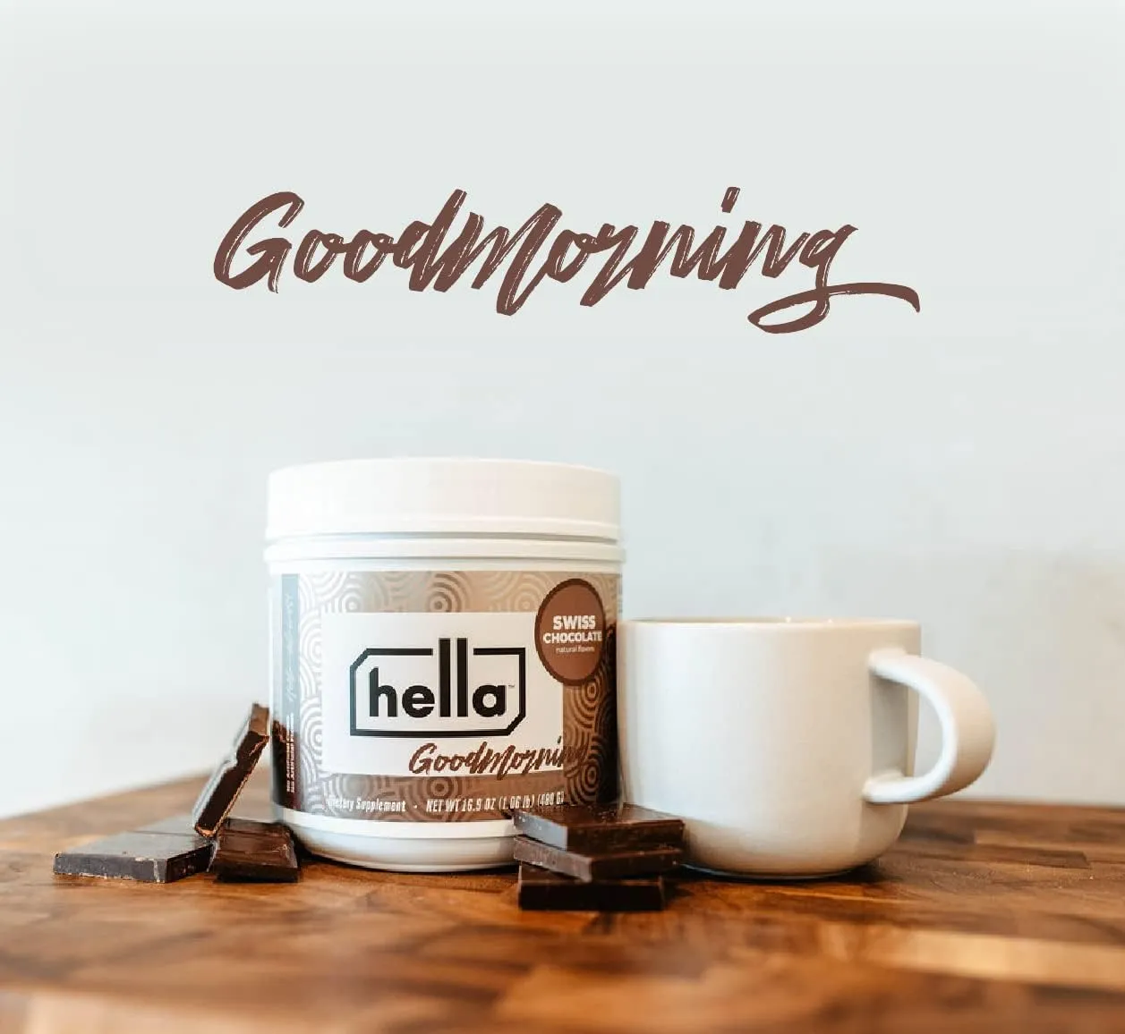 Hella Goodmorning Protein & Collagen Powder Supplement, Vitamins Minerals Electrolytes for Focus, Clarity and Energy - 80 Mg Organic Caffeine- Morning Wake Up Blend Swiss Chocolate Flavor 20 Servings