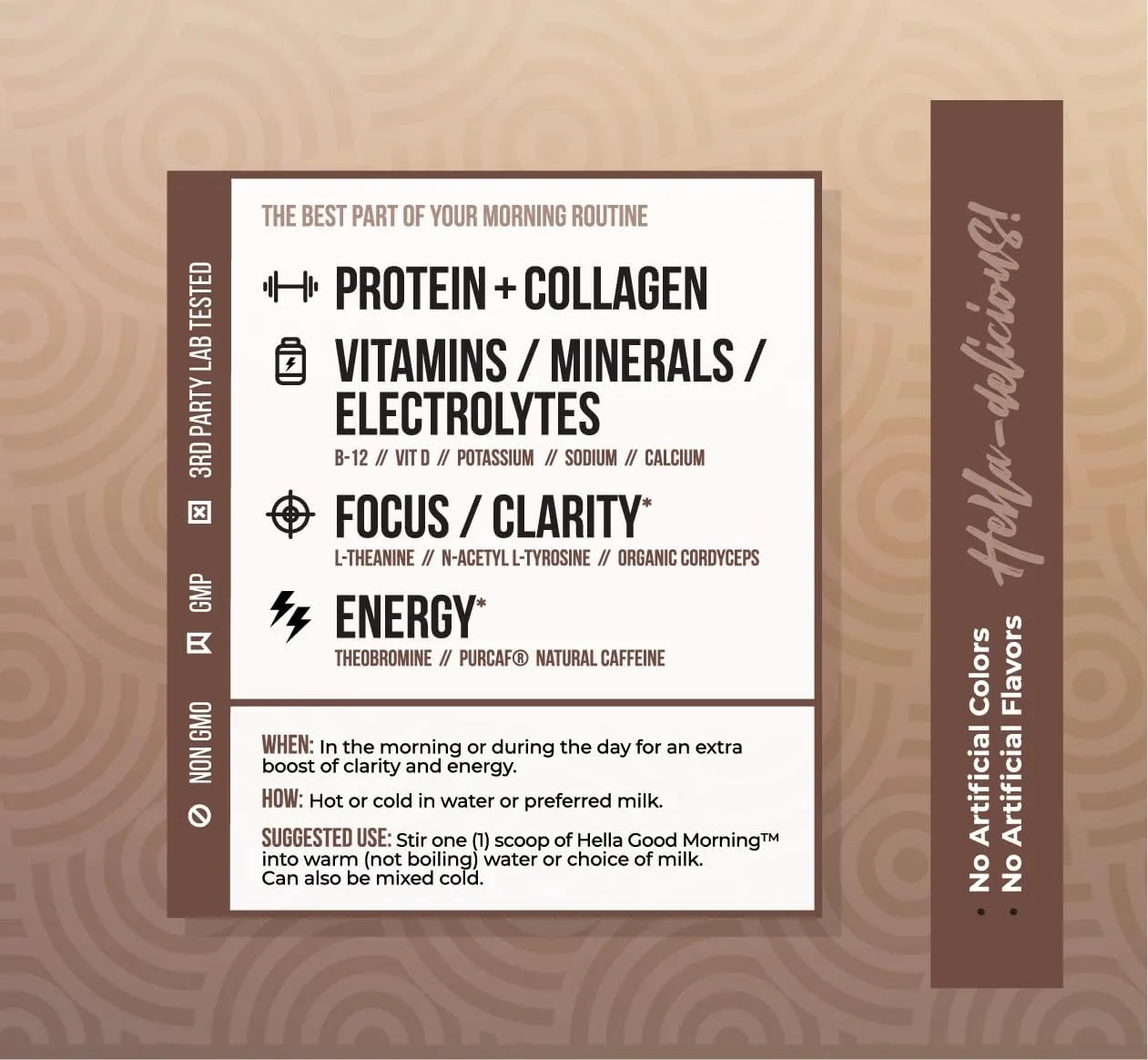 Hella Goodmorning Protein & Collagen Powder Supplement, Vitamins Minerals Electrolytes for Focus, Clarity and Energy - 80 Mg Organic Caffeine- Morning Wake Up Blend Swiss Chocolate Flavor 20 Servings