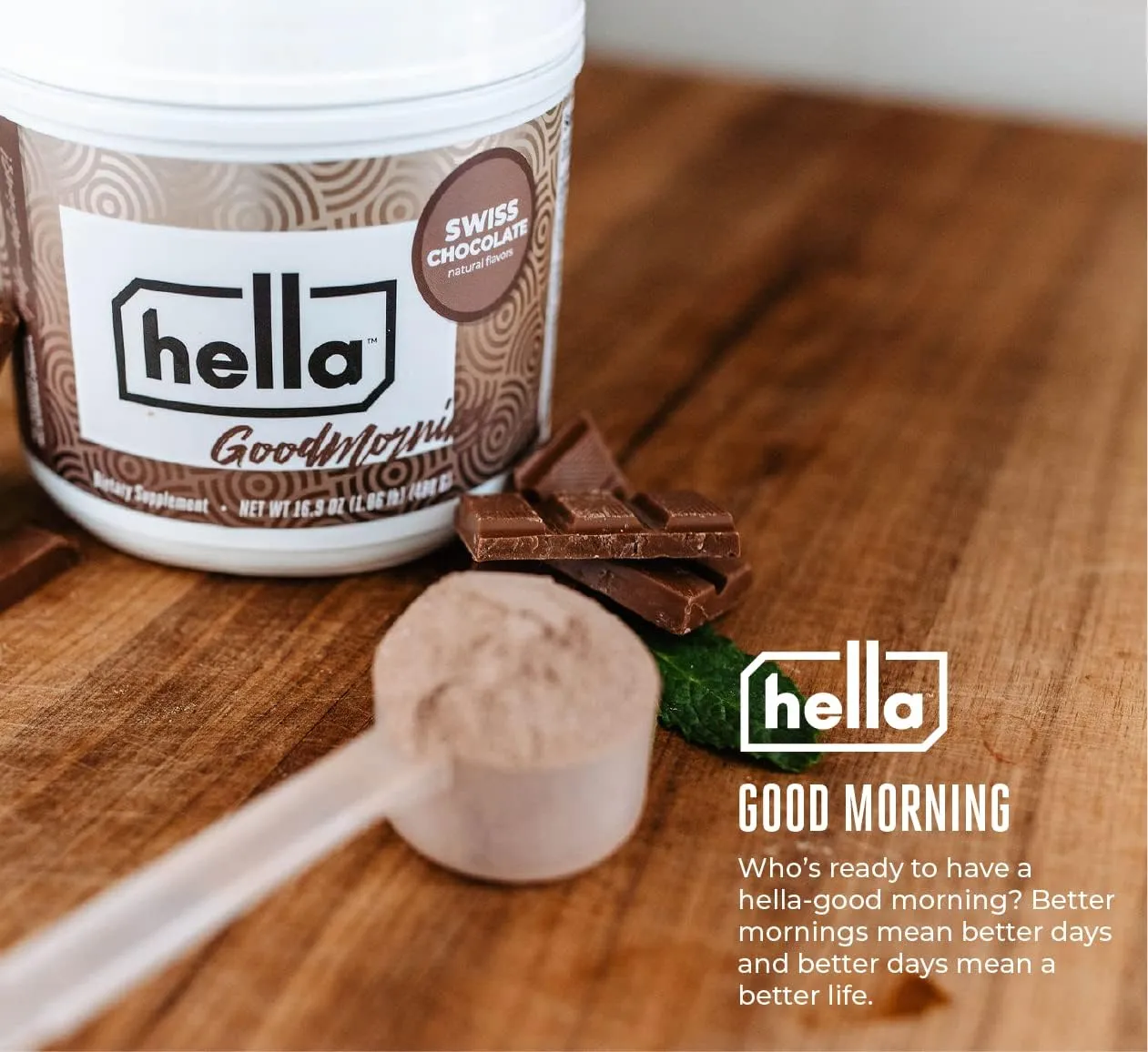 Hella Goodmorning Protein & Collagen Powder Supplement, Vitamins Minerals Electrolytes for Focus, Clarity and Energy - 80 Mg Organic Caffeine- Morning Wake Up Blend Swiss Chocolate Flavor 20 Servings