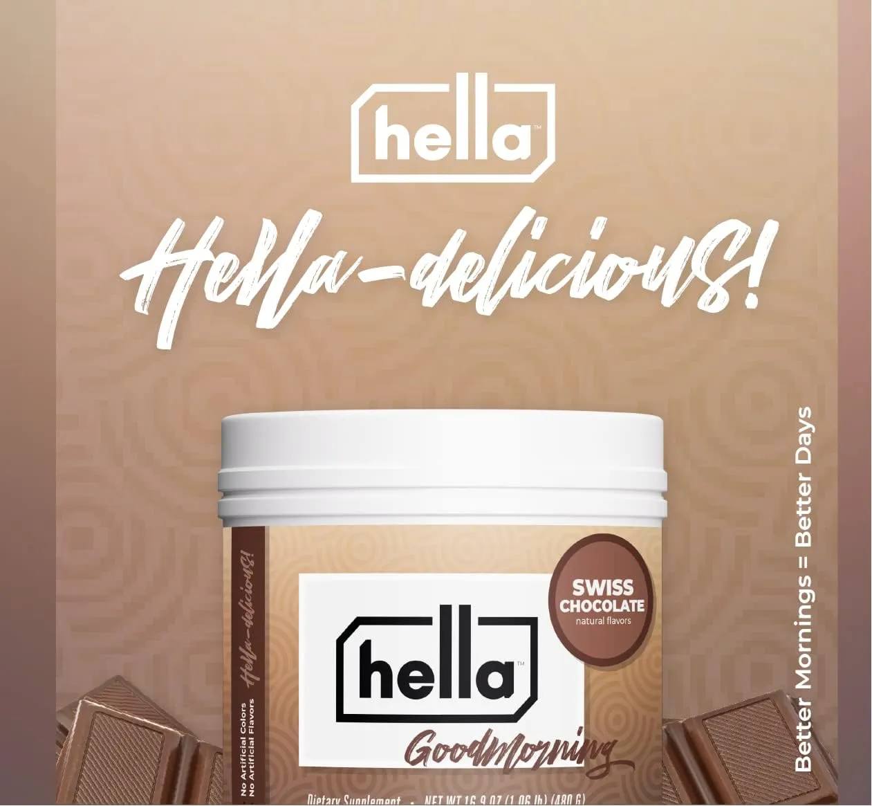 Hella Goodmorning Protein & Collagen Powder Supplement, Vitamins Minerals Electrolytes for Focus, Clarity and Energy - 80 Mg Organic Caffeine- Morning Wake Up Blend Swiss Chocolate Flavor 20 Servings