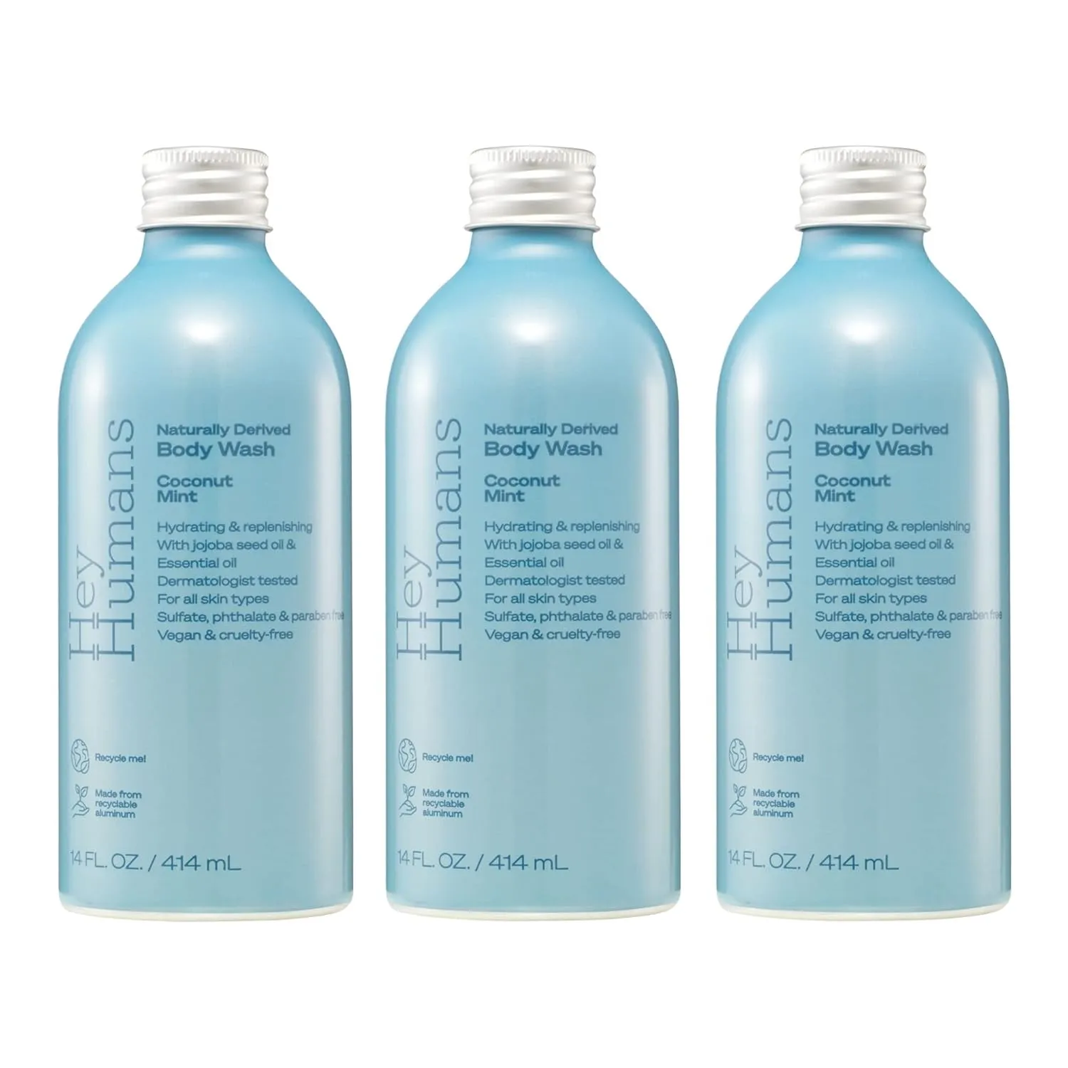 Hey Humans Coconut Mint Moisturizing Body Wash with Natural Ingredients & Jojoba Oil | Clean, Vegan, Sulfate Free Bath & Body Wash for Women & Men | Recyclable Bottle, 14 fl. oz. - Pack of 3