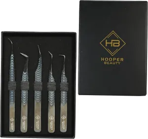 Hooper 5 Pcs Eye Lash Extension Tweezers Set, Precision Tweezers for 2D-6D Volume & Individual Lashes, Includes 45°/65°/90° Isolation & Curved/Flat Tips