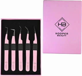 Hooper Eye Lash Extension Tweezers Set, 5 Pcs Precision Tweezers for 2D-6D Volume & Individual Lashes, Includes Pro Straight, 45°/90° Isolation, J Curved & Heart Handle.