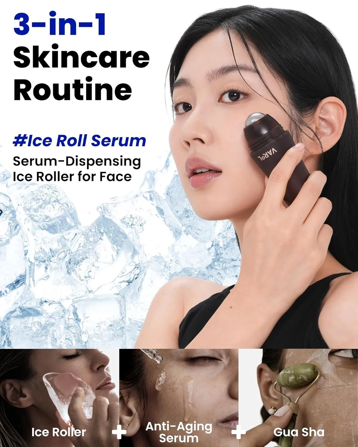Ice Roll Serum | Cooling Face Roller with Serum for Depuffing, Under Eye Bag, Hydrating, Firming & Reduce Wrinkles with Bakuchiol & Collagen | Korean Skin Care & Gua Sha Facial Tool | 1.69 Fl Oz
