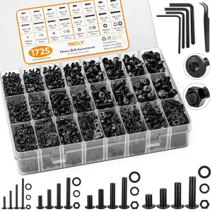 INCLY 1725PCS Metric Screw Assortment Kit, M2 M3 M4 M5 Screws,Metric Bolts and Nuts Assortment with Lock and Flat Washers, Grade 12.9 Alloy Steel Hex Socket Head Screws Nuts and Bolts Assortment Kit