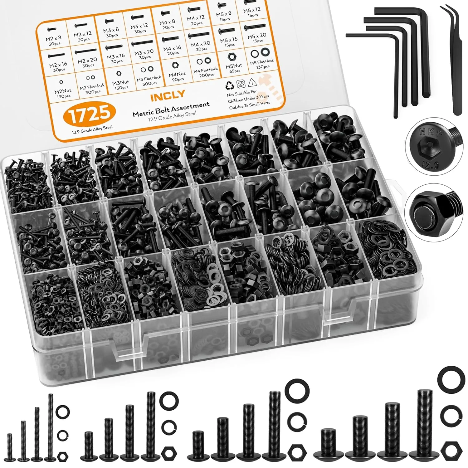 INCLY 1725PCS Metric Screw Assortment Kit, M2 M3 M4 M5 Screws,Metric Bolts and Nuts Assortment with Lock and Flat Washers, Grade 12.9 Alloy Steel Hex Socket Head Screws Nuts and Bolts Assortment Kit