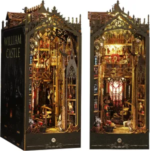 ISSEVE Book Nook Kit, 3D Wooden Puzzle DIY Miniature House Kit for Booknook Shelf Insert Decoration, Magic Book House Stand Bookshelf Dollhouse for Adults with Sensor Ligh (Gothic Castle)