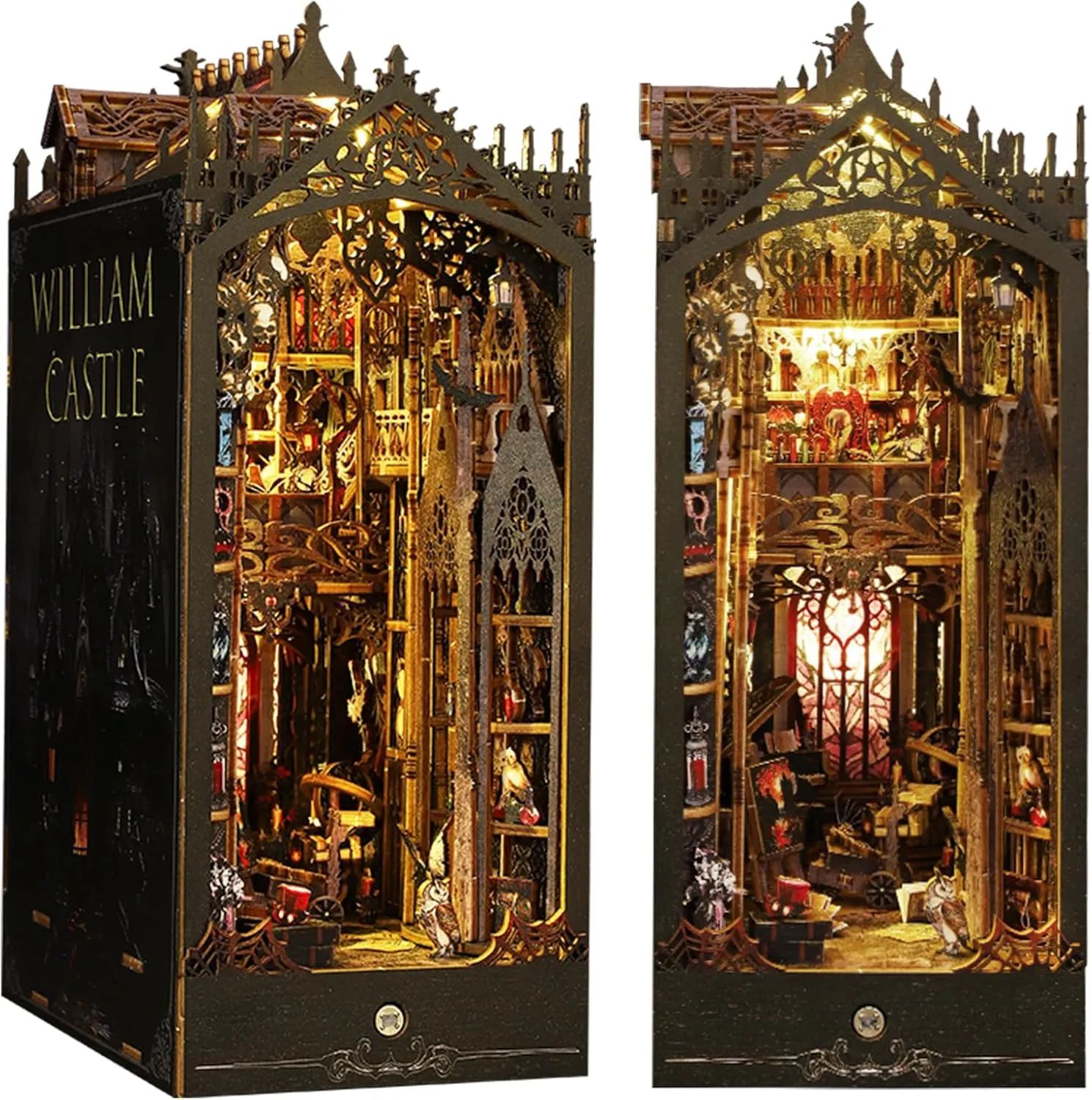 ISSEVE Book Nook Kit, 3D Wooden Puzzle DIY Miniature House Kit for Booknook Shelf Insert Decoration, Magic Book House Stand Bookshelf Dollhouse for Adults with Sensor Ligh (Gothic Castle)