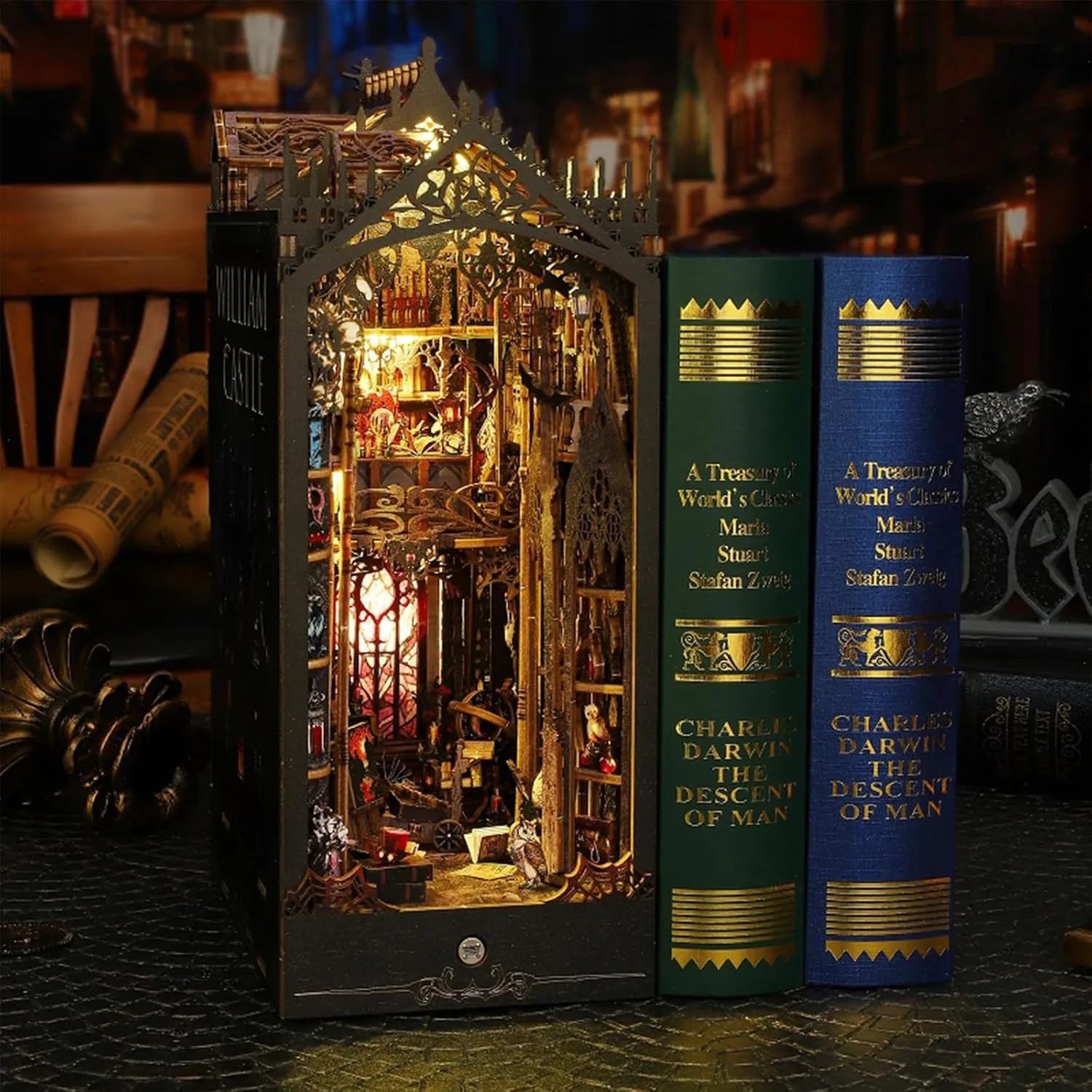 ISSEVE Book Nook Kit, 3D Wooden Puzzle DIY Miniature House Kit for Booknook Shelf Insert Decoration, Magic Book House Stand Bookshelf Dollhouse for Adults with Sensor Ligh (Gothic Castle)