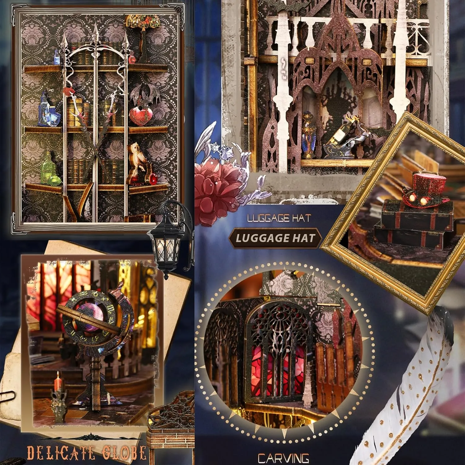 ISSEVE Book Nook Kit, 3D Wooden Puzzle DIY Miniature House Kit for Booknook Shelf Insert Decoration, Magic Book House Stand Bookshelf Dollhouse for Adults with Sensor Ligh (Gothic Castle)