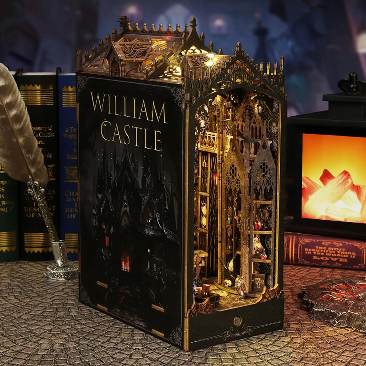 ISSEVE Book Nook Kit, 3D Wooden Puzzle DIY Miniature House Kit for Booknook Shelf Insert Decoration, Magic Book House Stand Bookshelf Dollhouse for Adults with Sensor Ligh (Gothic Castle)