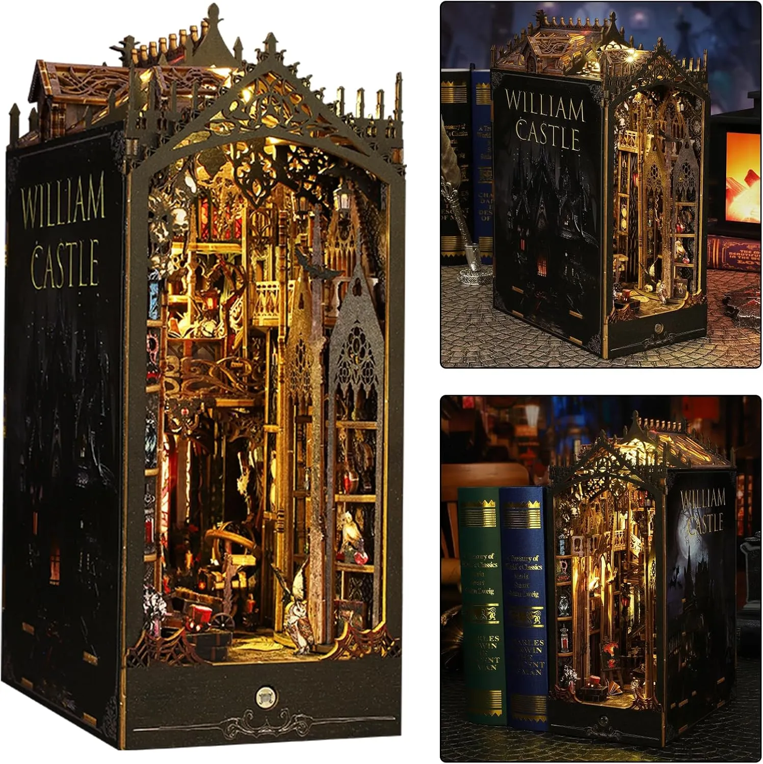 ISSEVE Book Nook Kit, 3D Wooden Puzzle DIY Miniature House Kit for Booknook Shelf Insert Decoration, Magic Book House Stand Bookshelf Dollhouse for Adults with Sensor Ligh (Gothic Castle)