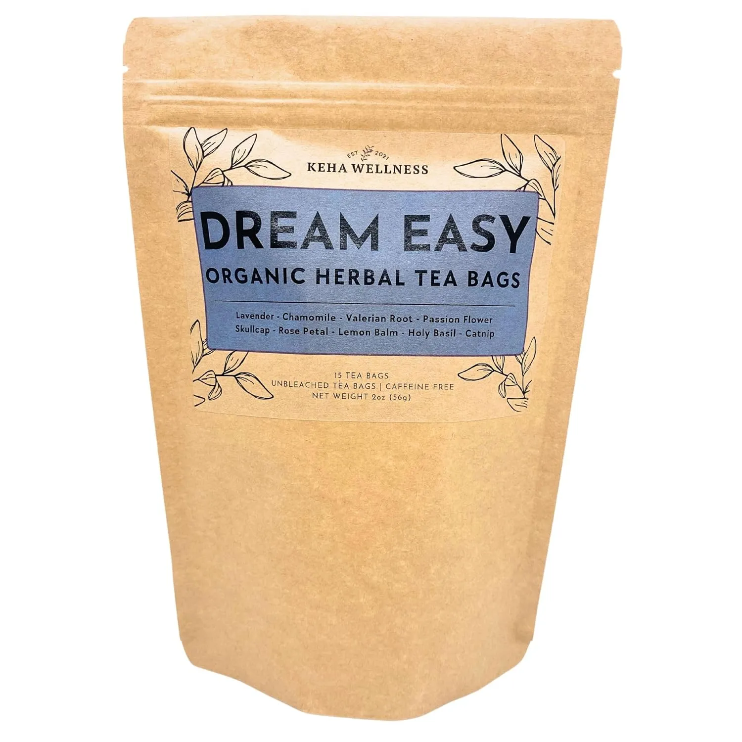 Keha Wellness Organic Dream Easy Herbal Tea Bags, 15 Extra Full and Flavorful Tea Bags, Caffeine Free, Sleep Tea for Nighttime and Bedtime, Beauty Sleep, Made in the USA