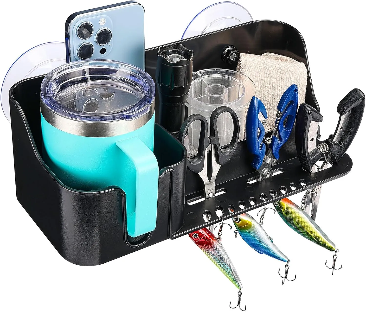 KEMIMOTO Boat Caddy Organizer, Cup Holder Installed With Screws/Suction Cups on Any Flat Surface, Storage Organizer, Cockpit Storage Box for Bass Kayak Pontoon Jon Boat