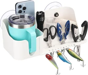 KEMIMOTO Boat Caddy Organizer, Cup Holder Installed With Screws/Suction Cups on Any Flat Surface, Storage Organizer, Cockpit Storage Box for Bass Kayak Pontoon Jon Boat