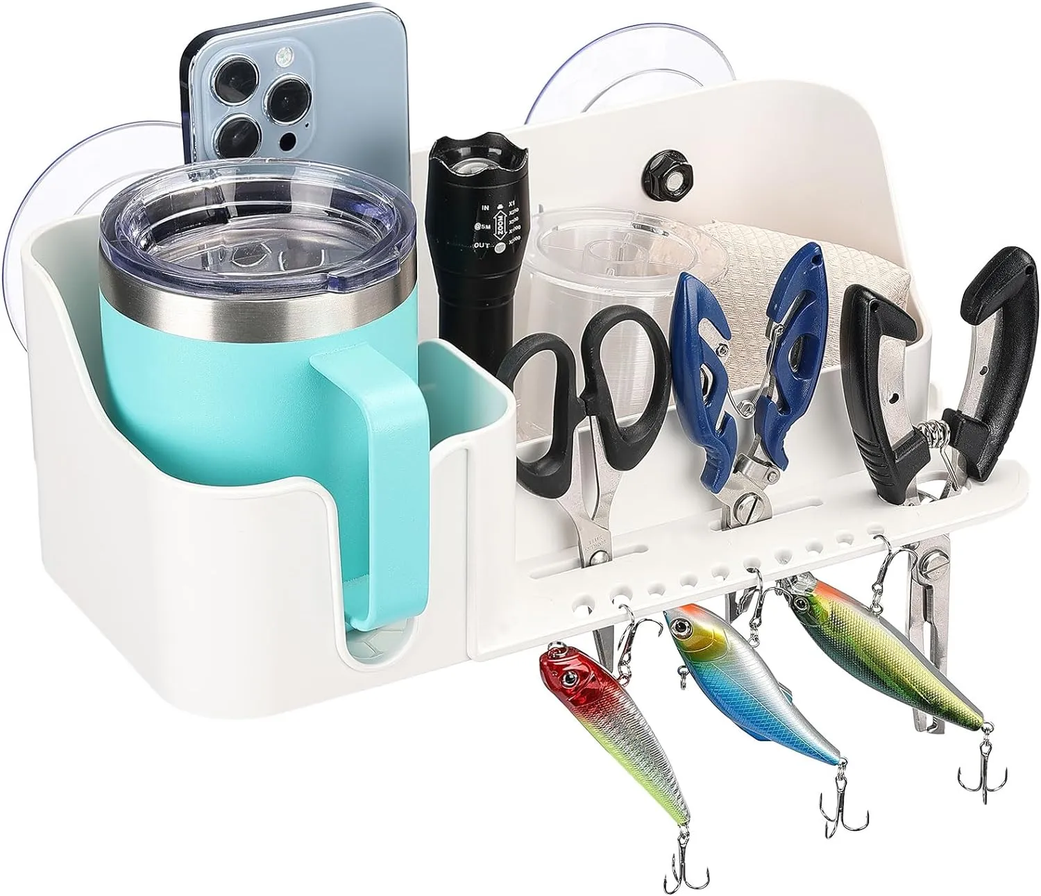 KEMIMOTO Boat Caddy Organizer, Cup Holder Installed With Screws/Suction Cups on Any Flat Surface, Storage Organizer, Cockpit Storage Box for Bass Kayak Pontoon Jon Boat