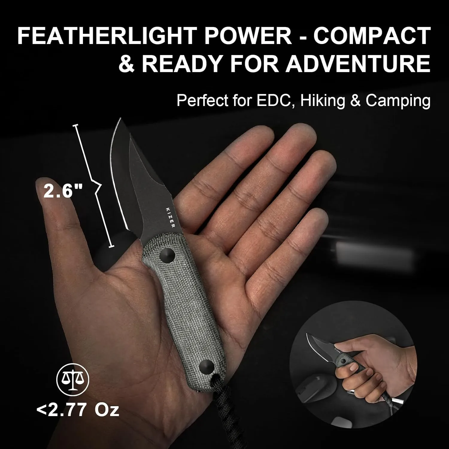 Kizer Drop Bear Fixed Blade Knife, 2.6" AEB-L Black Stonewash Blade EDC Camping Knife with Black Micarta Handle & Hidden Tools, Full Tang Hunting Survival Knives with Adjustable Kydex Sheath, 1092A1