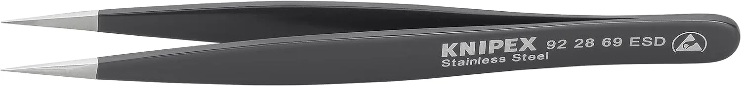 KNIPEX Tweezers,ESD,Straight,5-1/4 In,SS,Black (922869ESD)